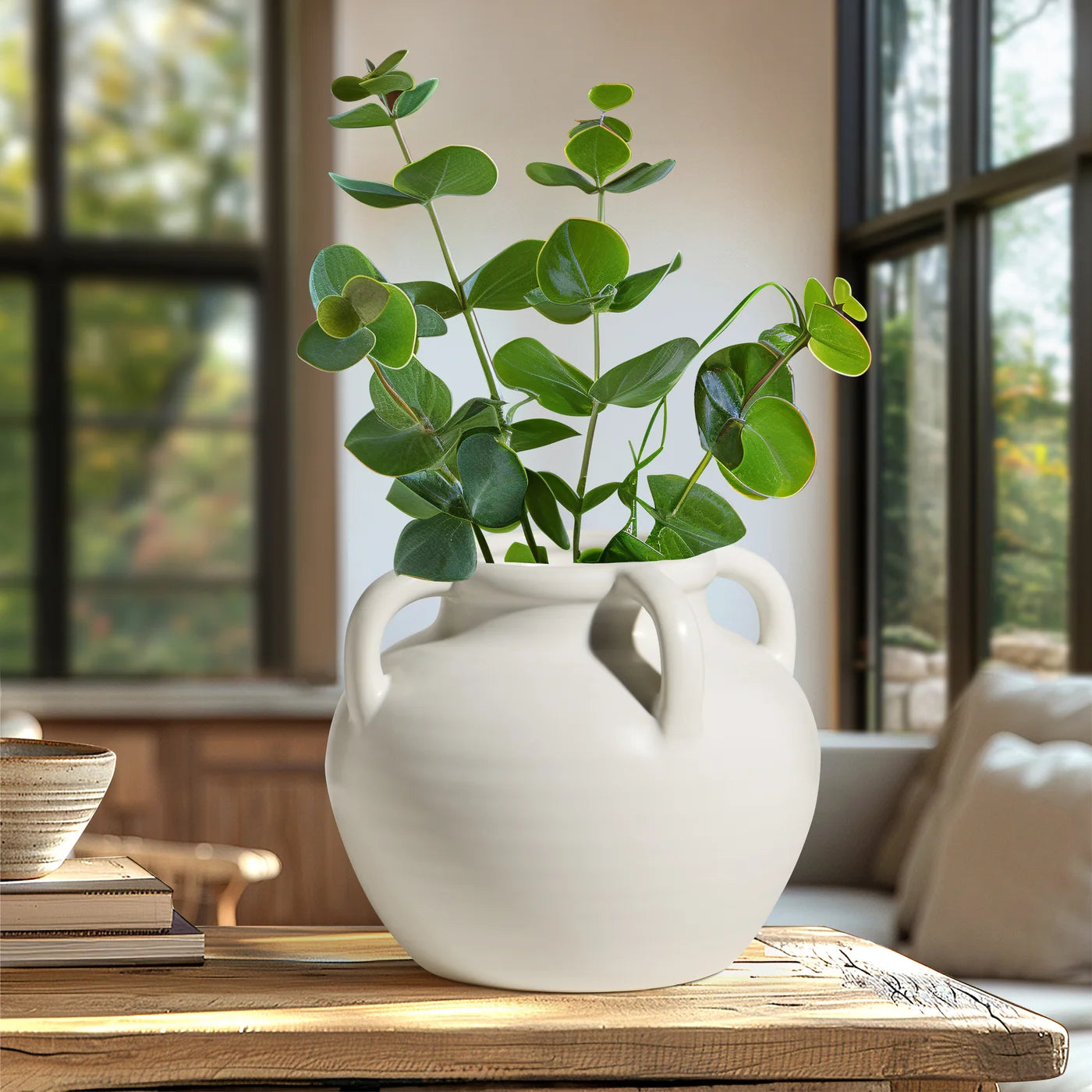 Capri Four Handle Ceramic Pot Urn Vase | Matte White