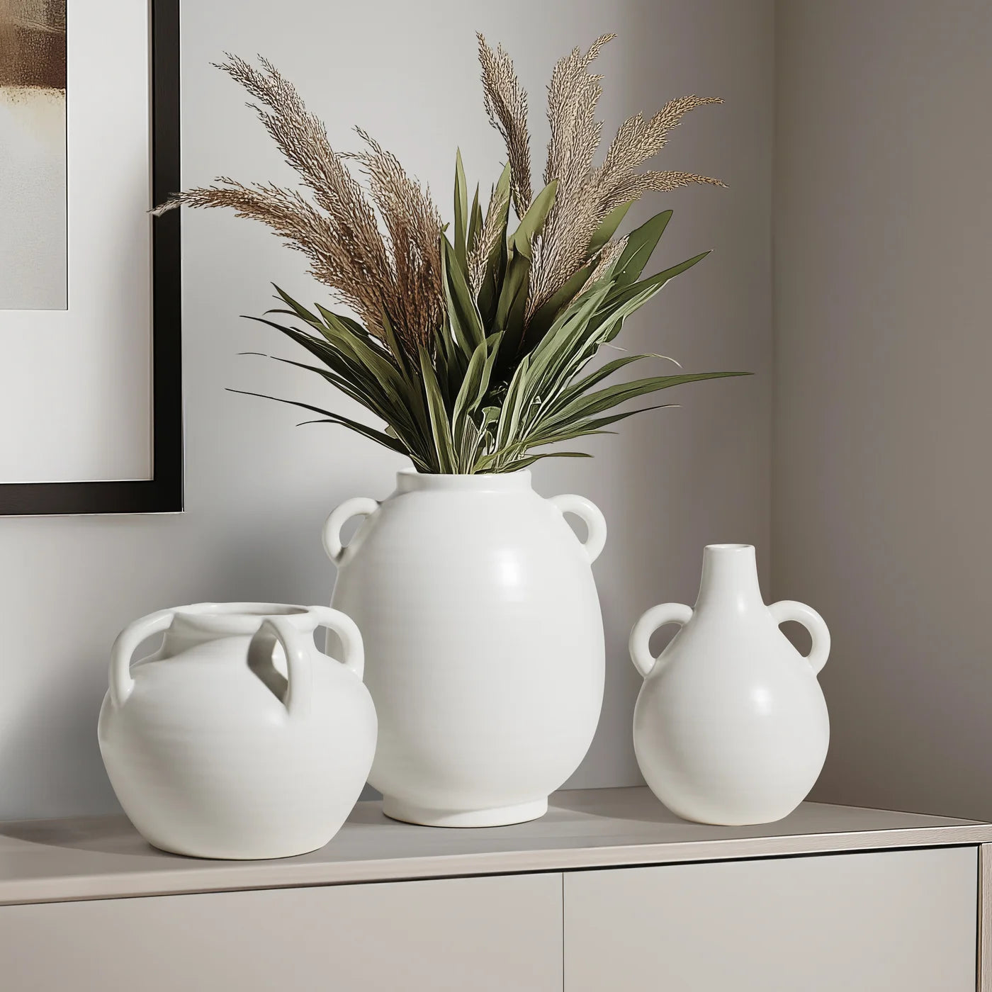 Capri Four Handle Ceramic Pot Urn Vase | Matte White