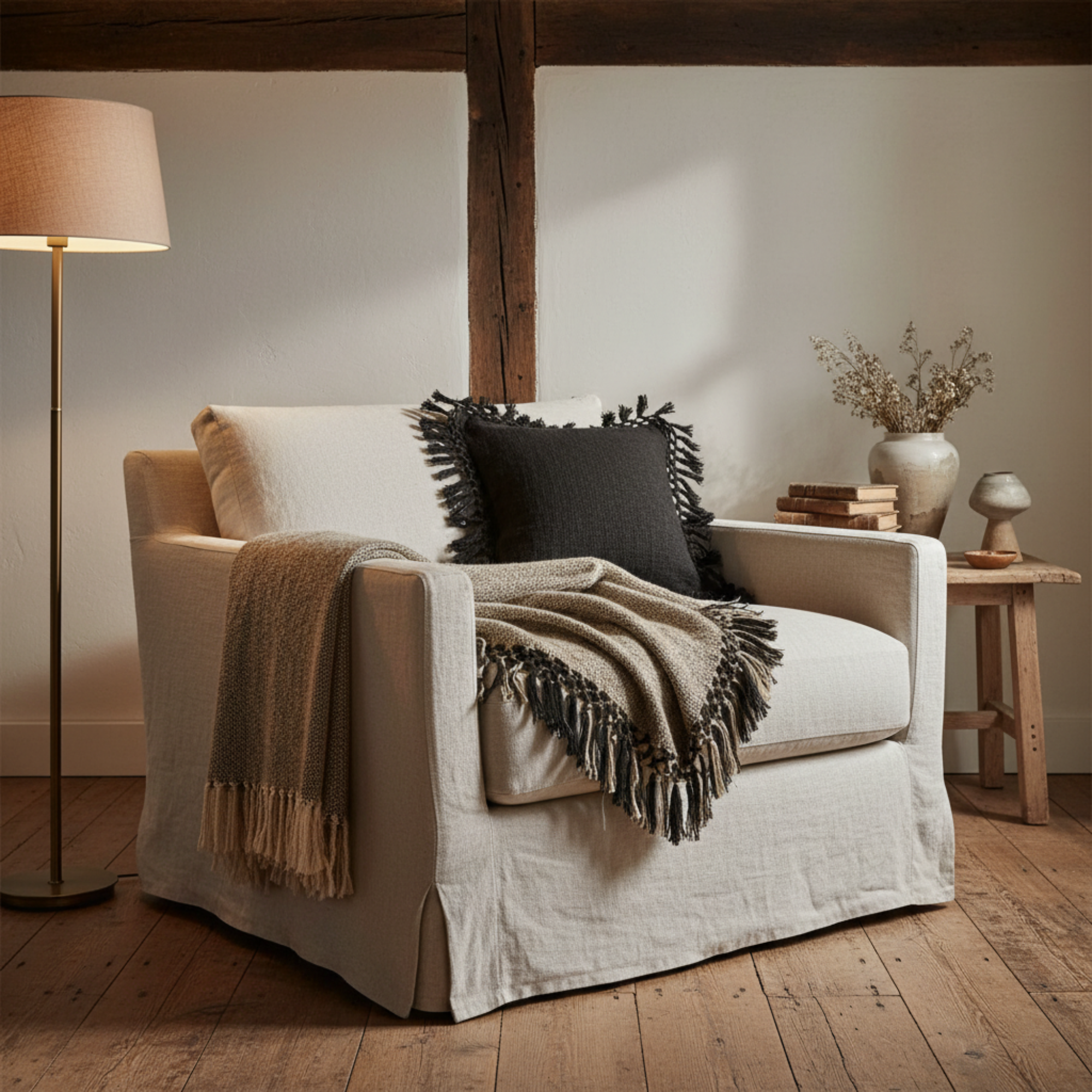 Square Slub Pillow with Crochet & Fringe | Black