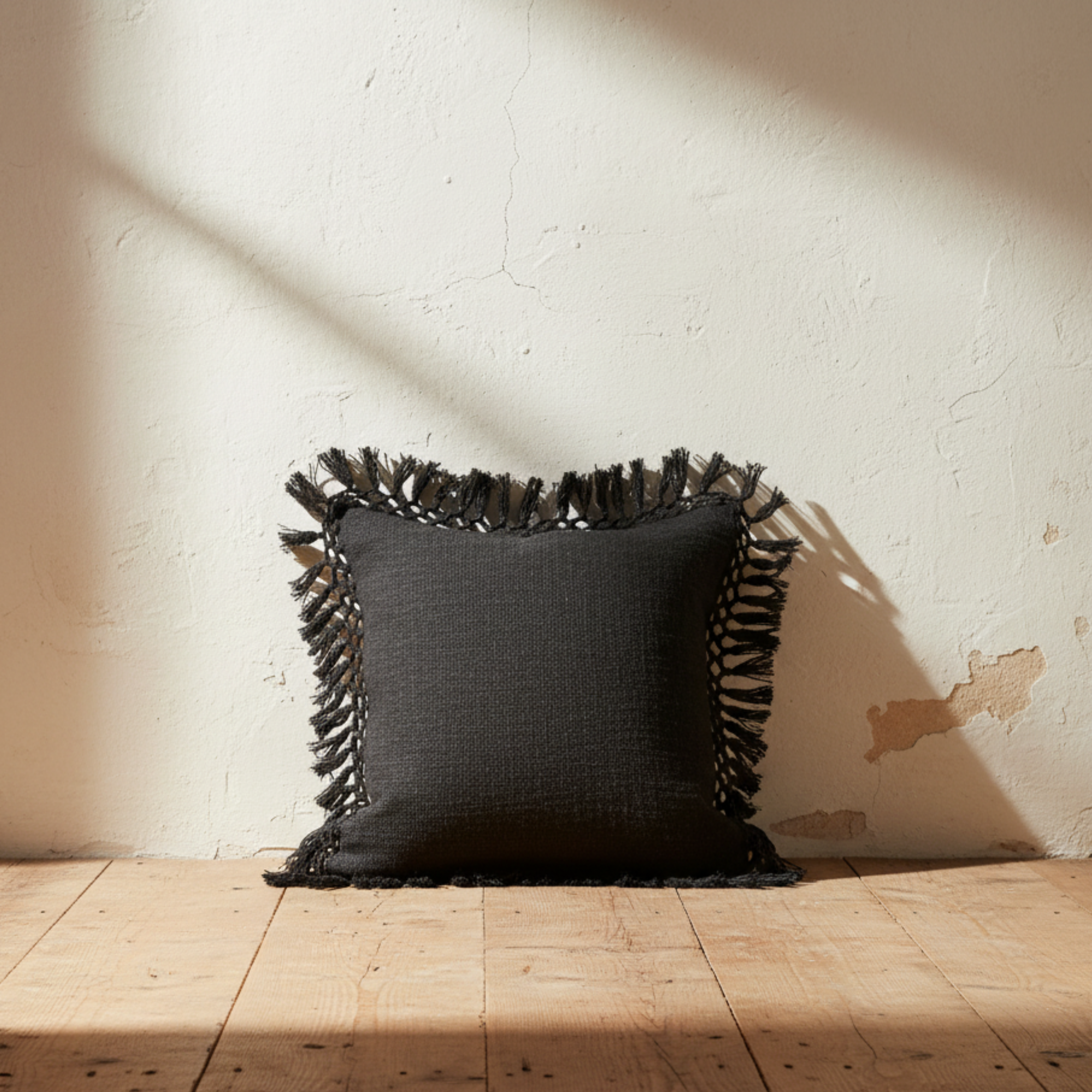 Square Slub Pillow with Crochet & Fringe | Black