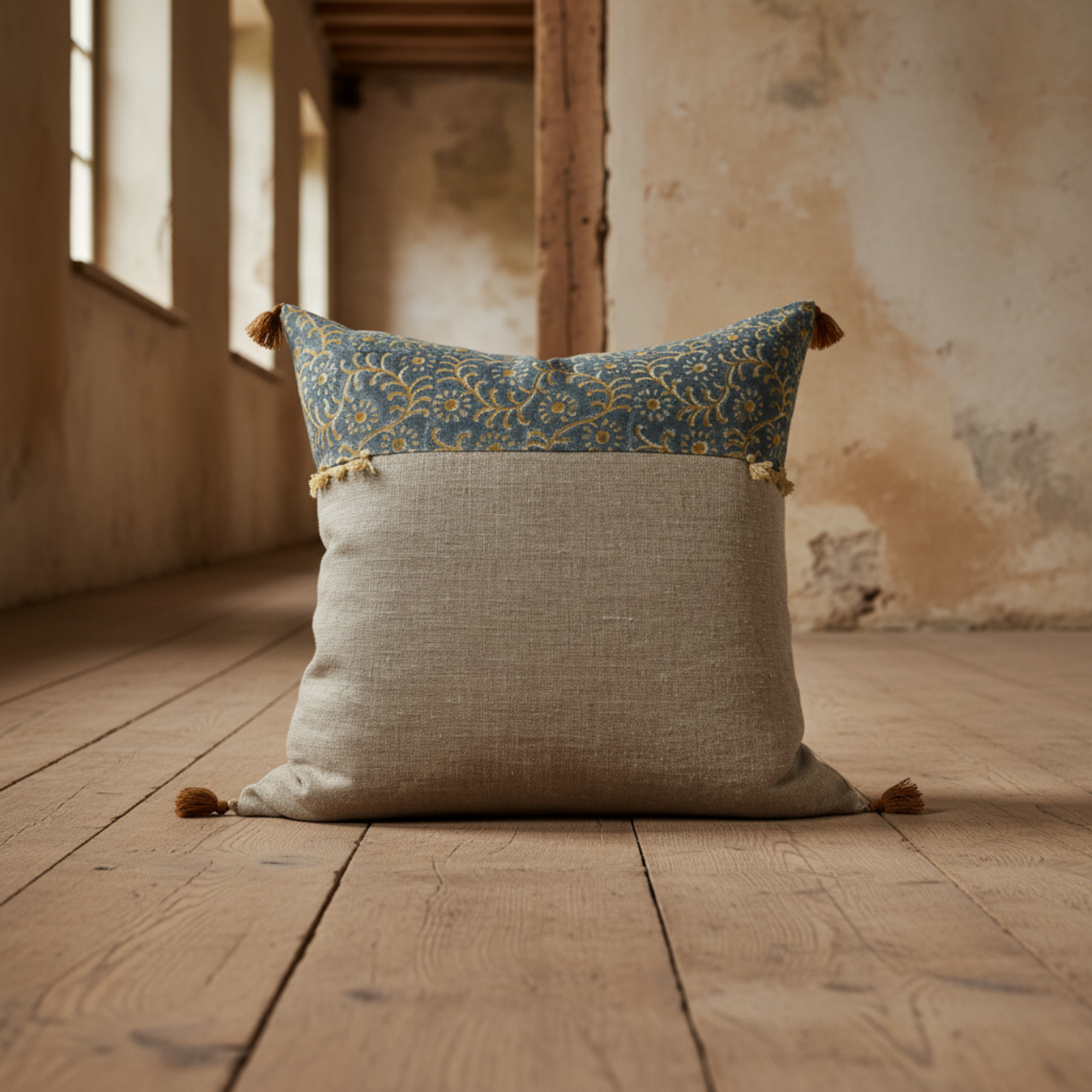 Kochin Teal/Mustard Band Tassels Pillow