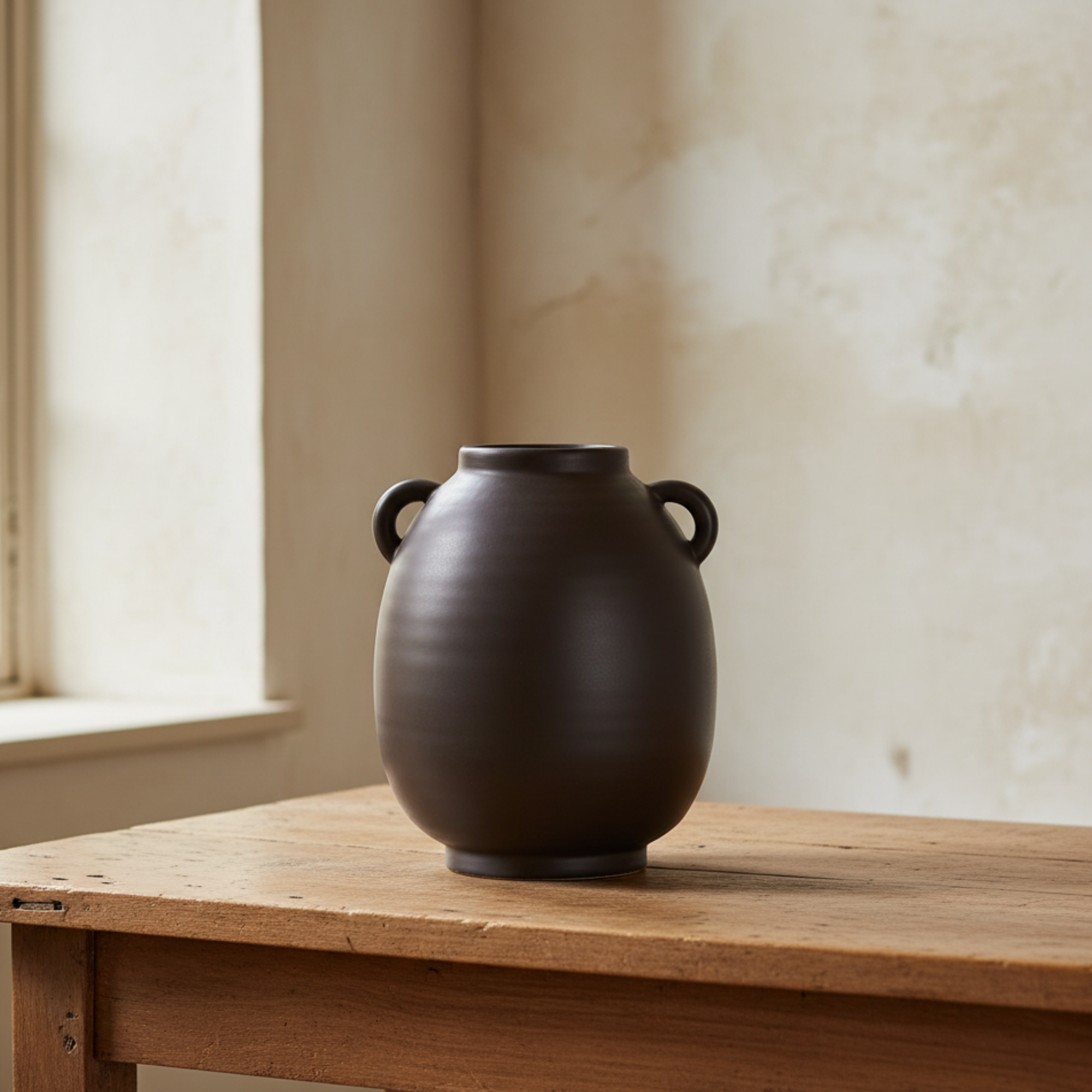 Capri Double Handle Ceramic Oval Urn Vase | Matte Brown