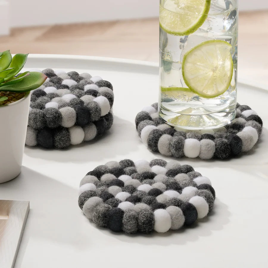 MODWOOL Felt Ball Four Piece Round 4" Diameter Coaster Set | Black/White/Grey