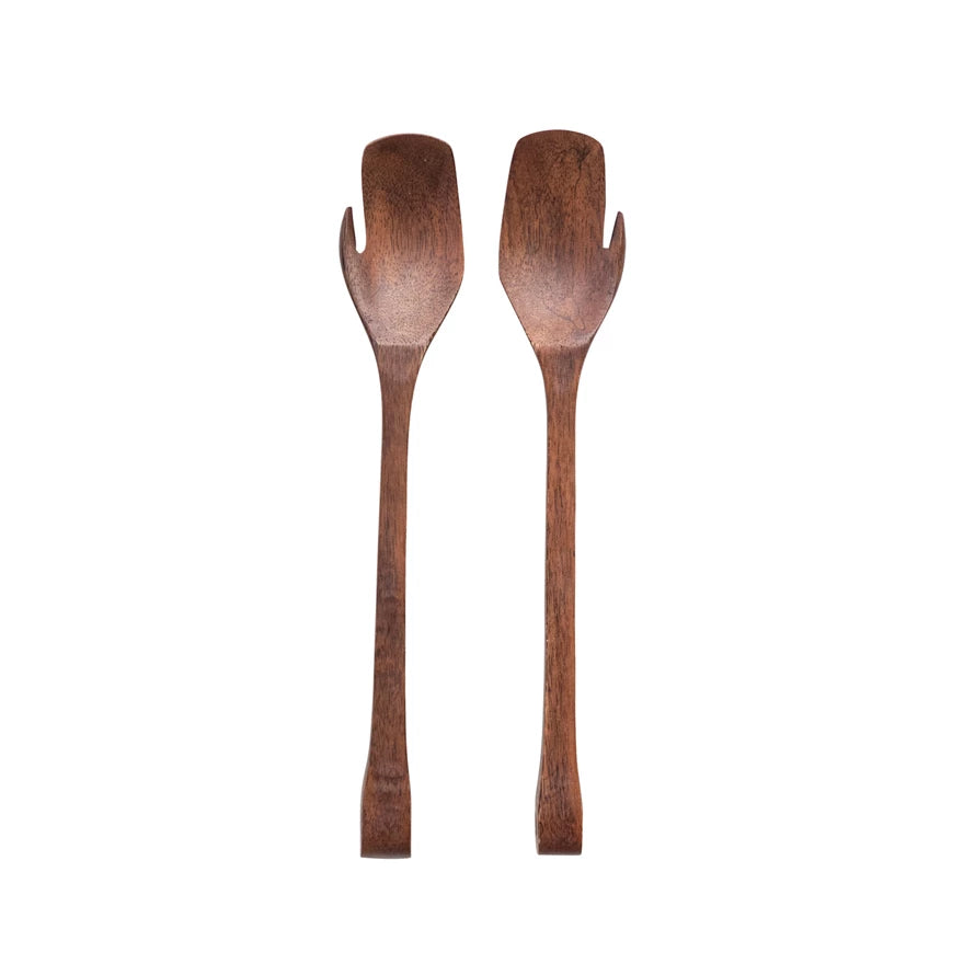 10"L Mango Wood Salad Servers | Walnut Finish Set of 2