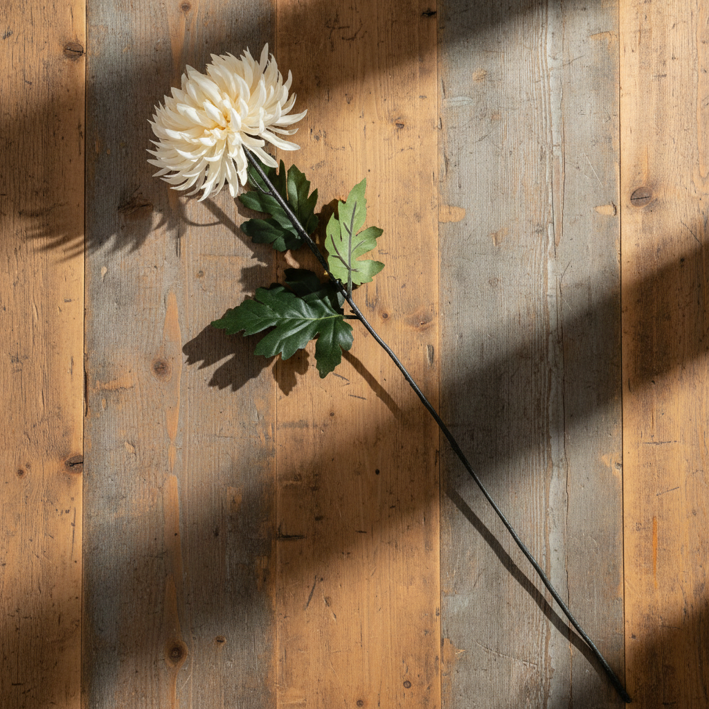 Chrysanthemum Cream Stem - Rustic Wood Flat Lay