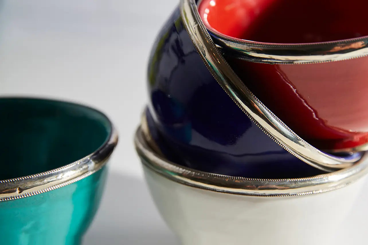 Moroccan Glazed Bowls With Berbe Silver Trim | Teal